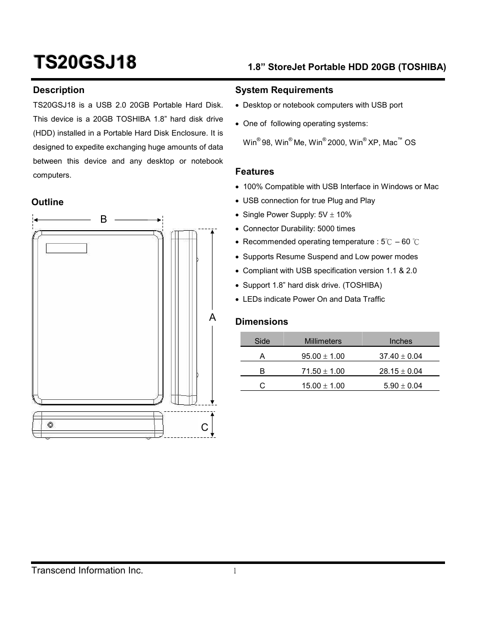 Transcend Information 1.8" StoreJet Portable HDD 20GB (TOSHIBA) TS20GSJ18 User Manual | 6 pages