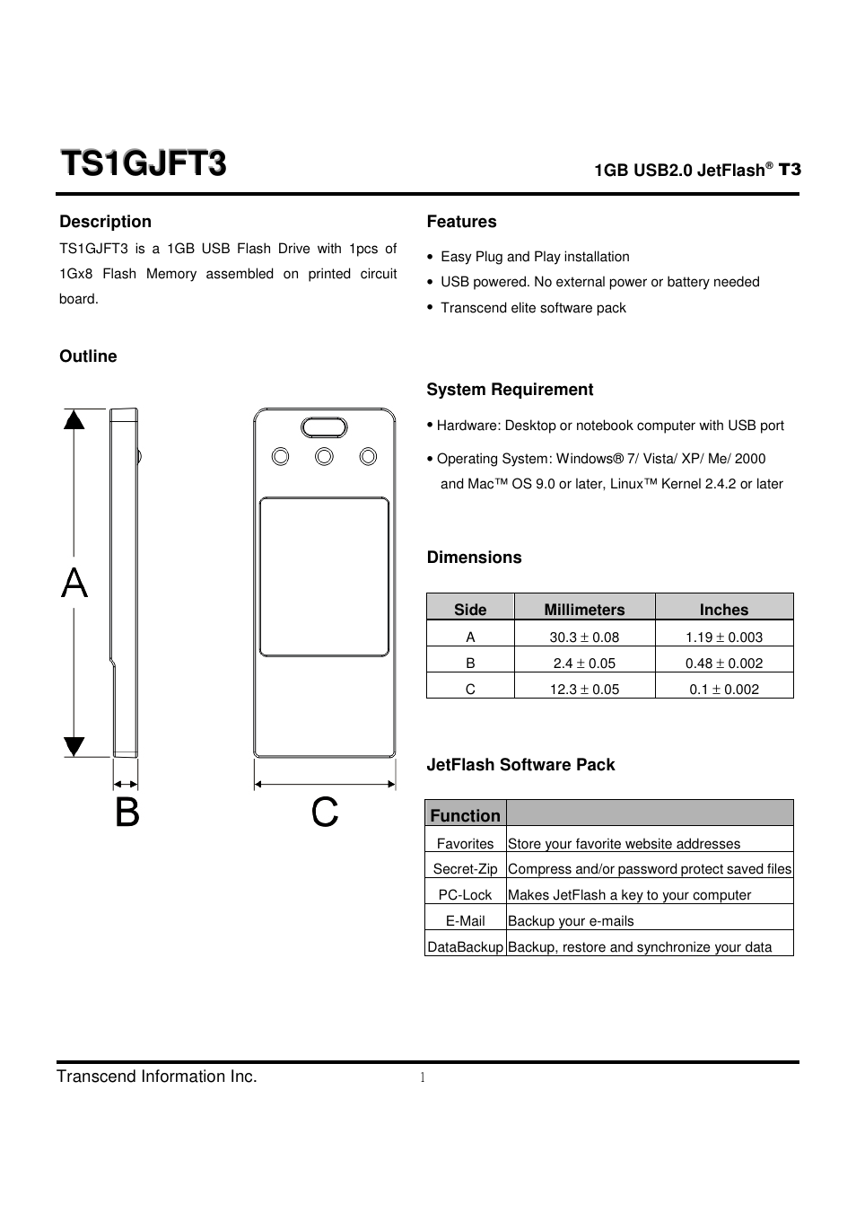 Transcend Information JetFlash TS1GJFT3 User Manual | 2 pages