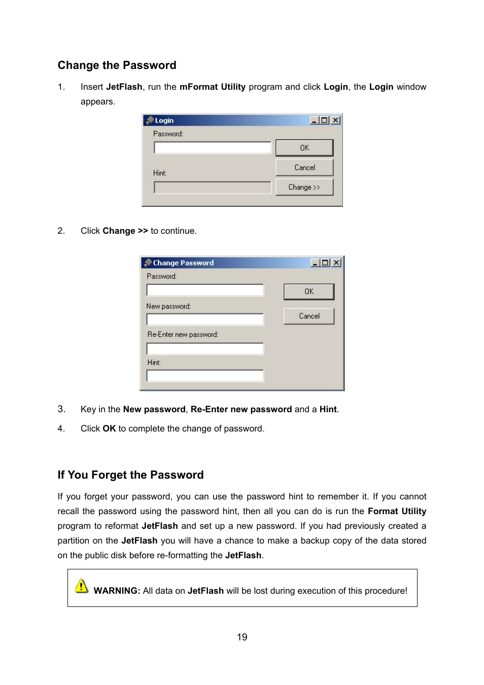 Change the password, If you forget the password | Transcend Information TS128M~8GJF2A User Manual | Page 21 / 25