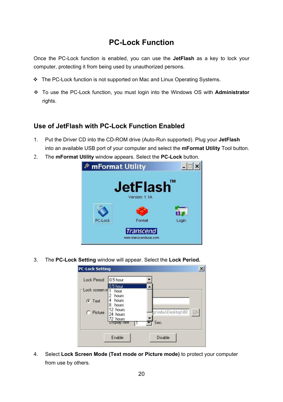 Pc-lock function, Use of jetflash with pc-lock function enabled | Transcend Information TS128M~8GJF2A User Manual | Page 22 / 25