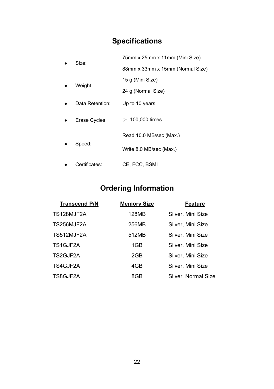 Specifications, Ordering information | Transcend Information TS128M~8GJF2A User Manual | Page 24 / 25