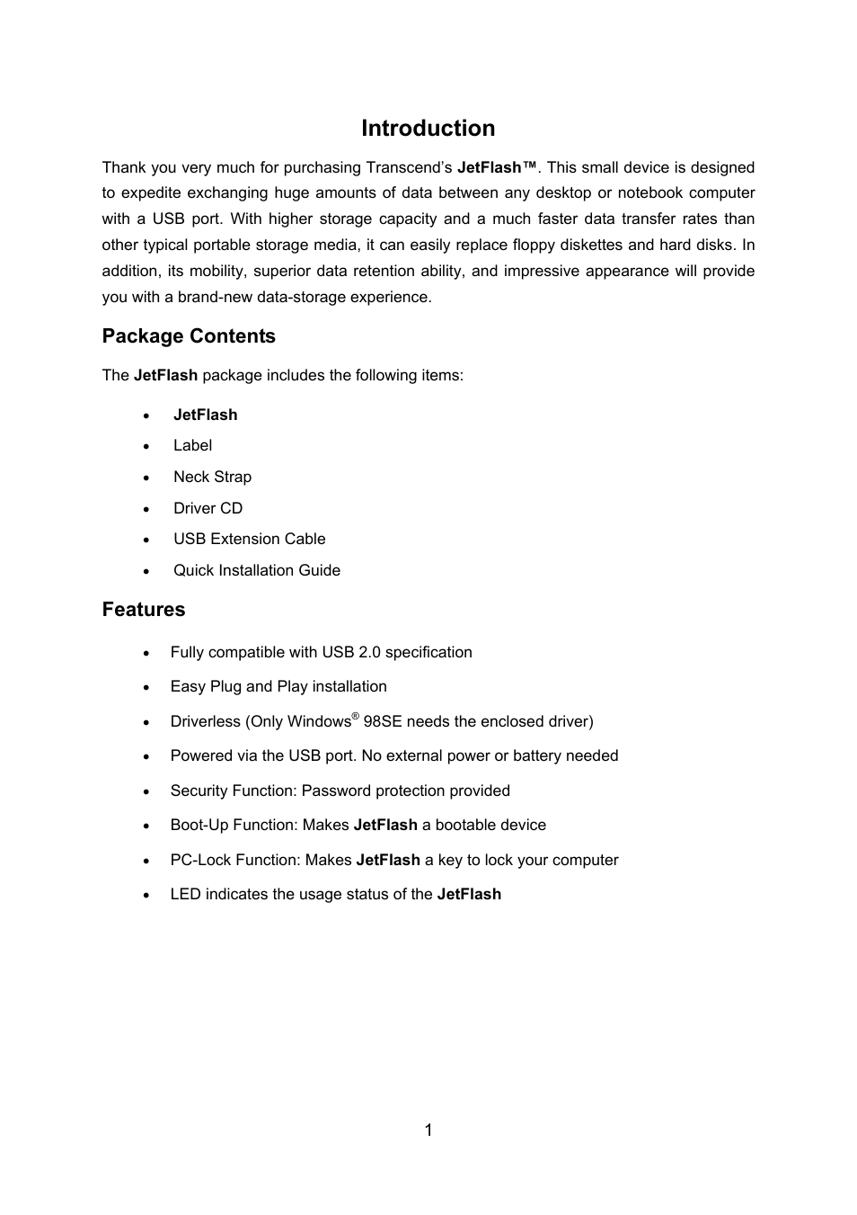 Introduction, Package contents, Features | Transcend Information TS128M~8GJF2A User Manual | Page 3 / 25