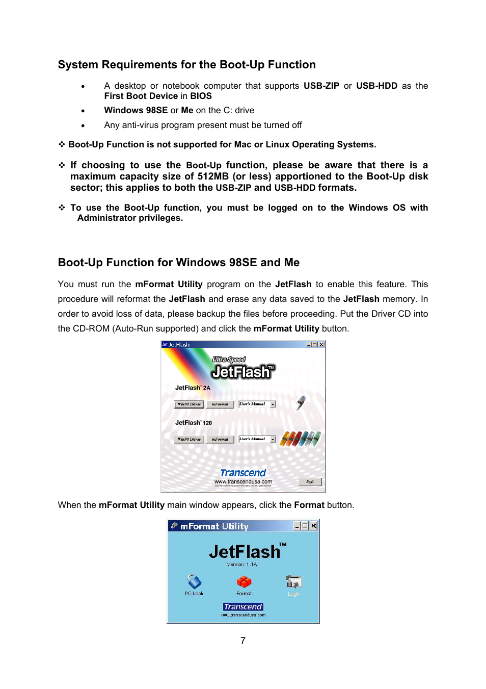 System requirements for the boot-up function, Boot-up function for windows 98se and me | Transcend Information TS128M~8GJF2A User Manual | Page 9 / 25