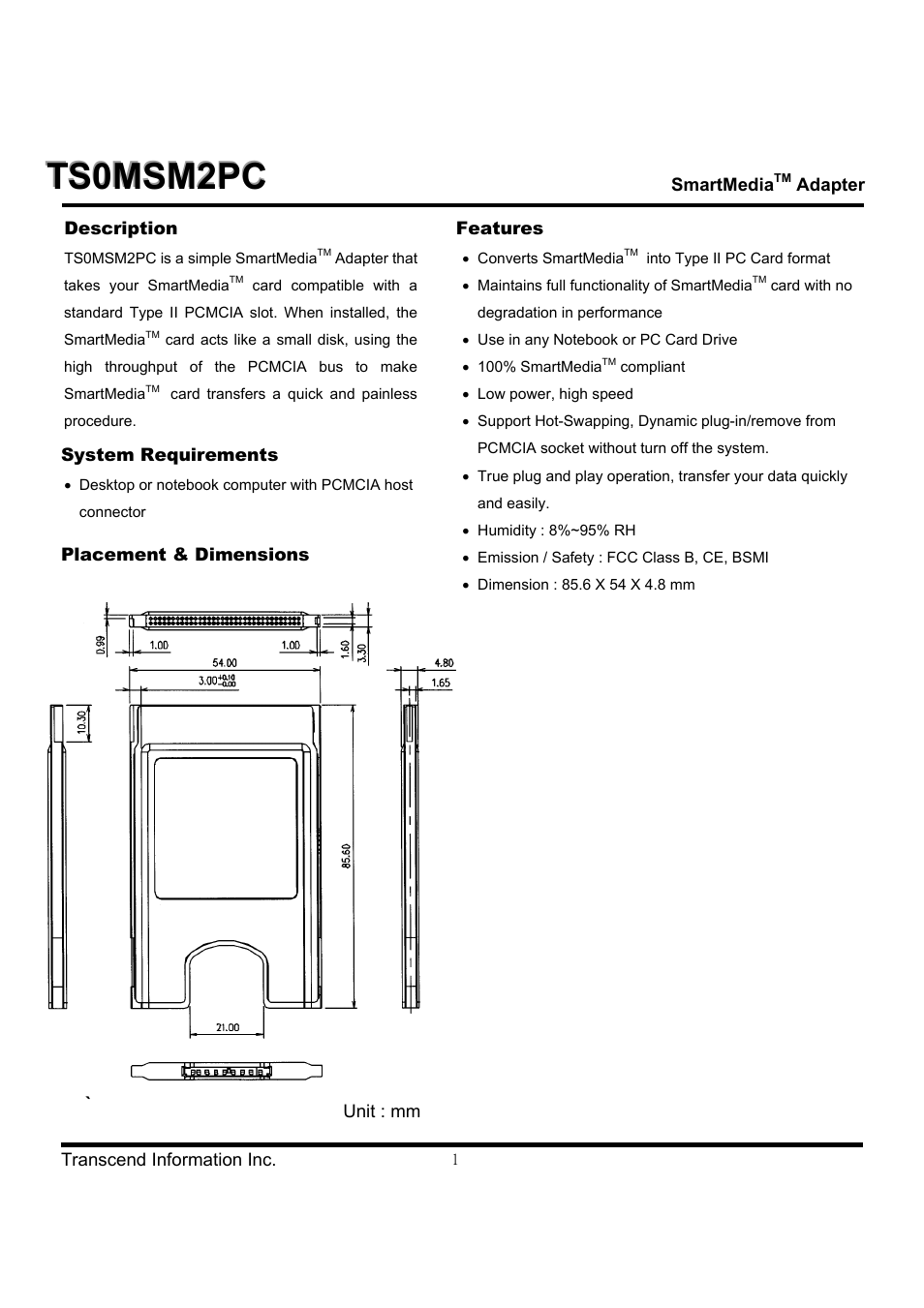 Transcend Information SmartMedia Adapter TS0MSM2PC User Manual | 3 pages