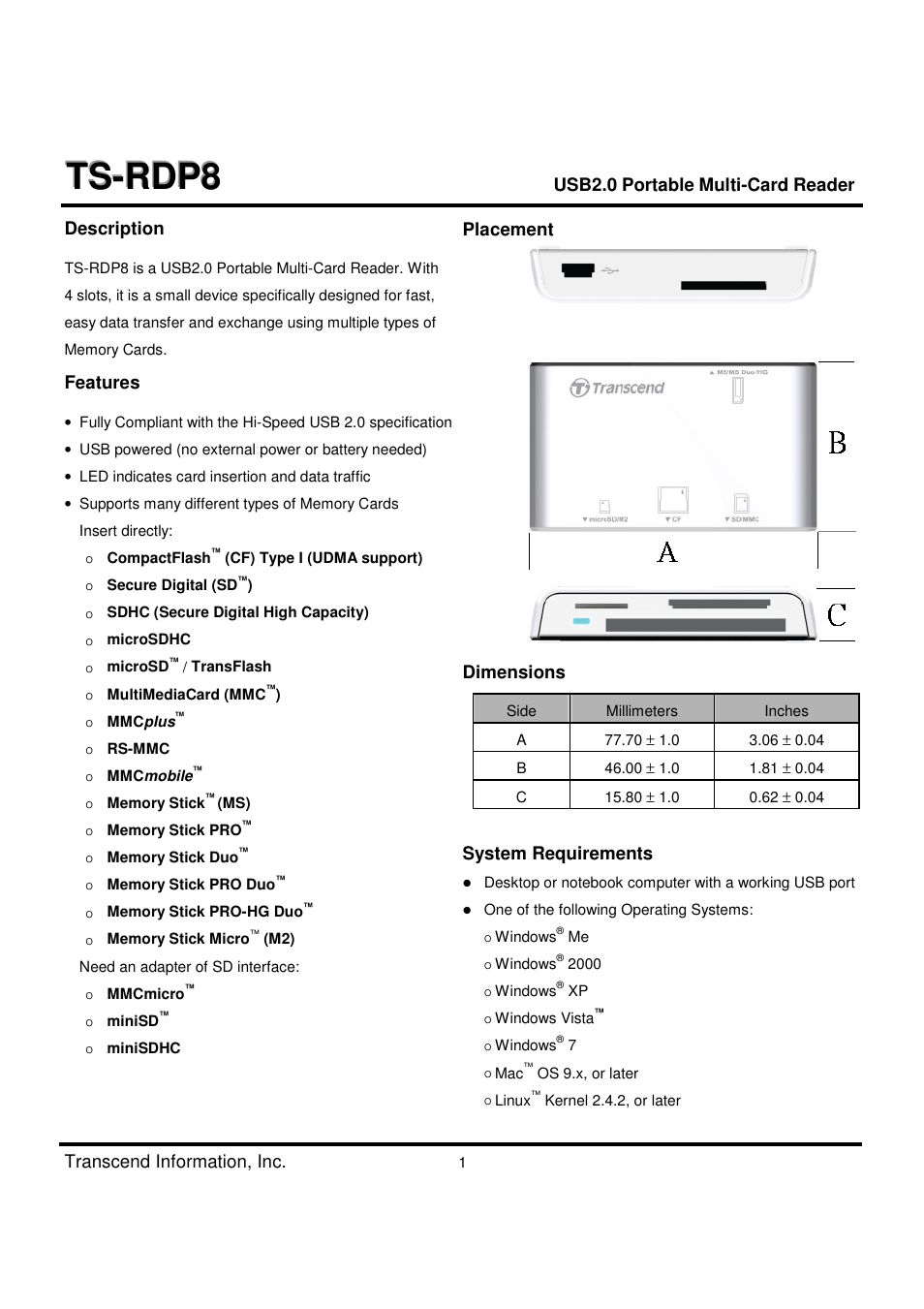 Transcend Information TS-RDP8 User Manual | 3 pages