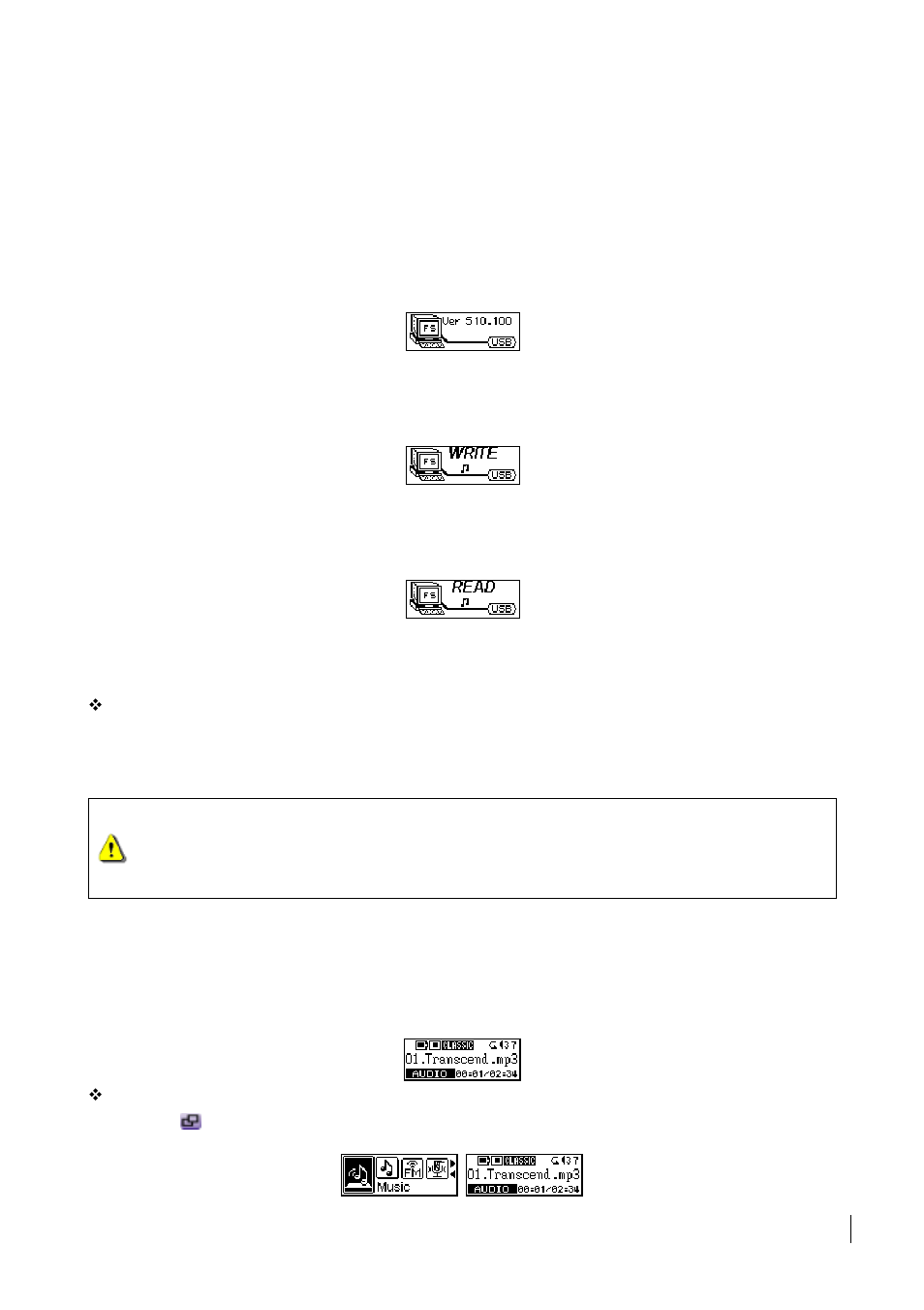 Music functions, Download or upload mp3/wma files, Warning | Play mp3/wma music | Transcend Information Transcend T.sonic 510 User Manual | Page 12 / 31