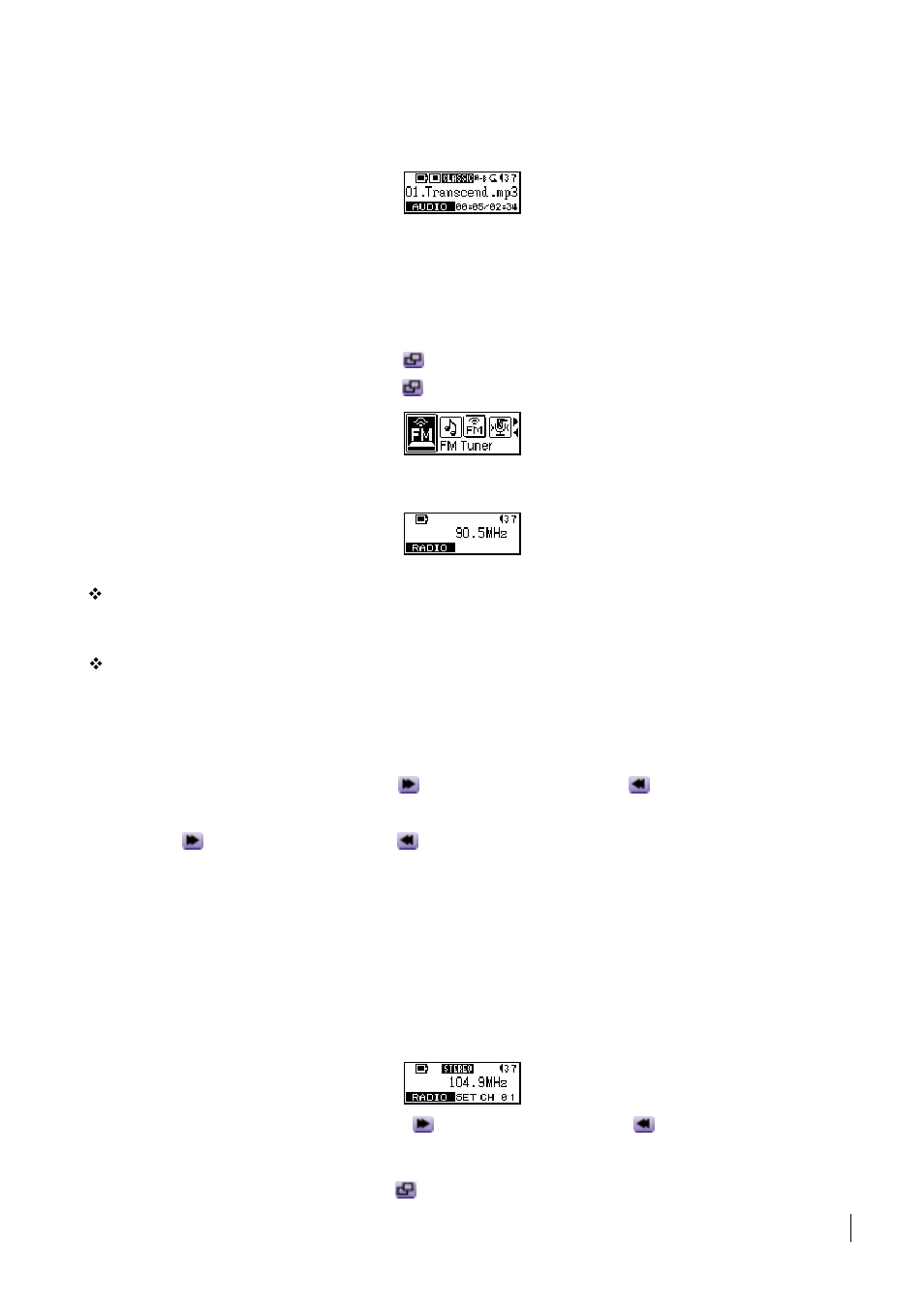 Fm functions (radio), Scan for a channel, Save a channel | Transcend Information Transcend T.sonic 510 User Manual | Page 14 / 31