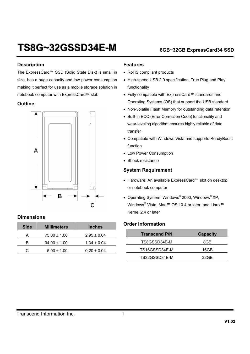Transcend Information TS8~32GSSD34E-M User Manual | 7 pages