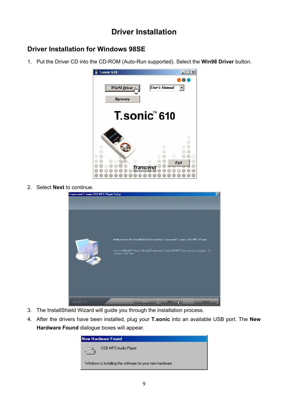 Driver installation | Transcend Information 610 User Manual | Page 12 / 40