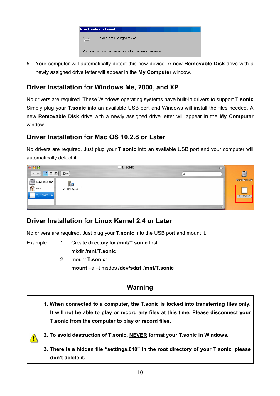 Driver installation for windows me, 2000, and xp, Driver installation for mac os 10.2.8 or later, Driver installation for linux kernel 2.4 or later | Warning | Transcend Information 610 User Manual | Page 13 / 40
