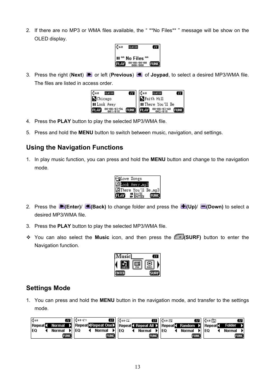 Using the navigation functions, Settings mode | Transcend Information 610 User Manual | Page 16 / 40
