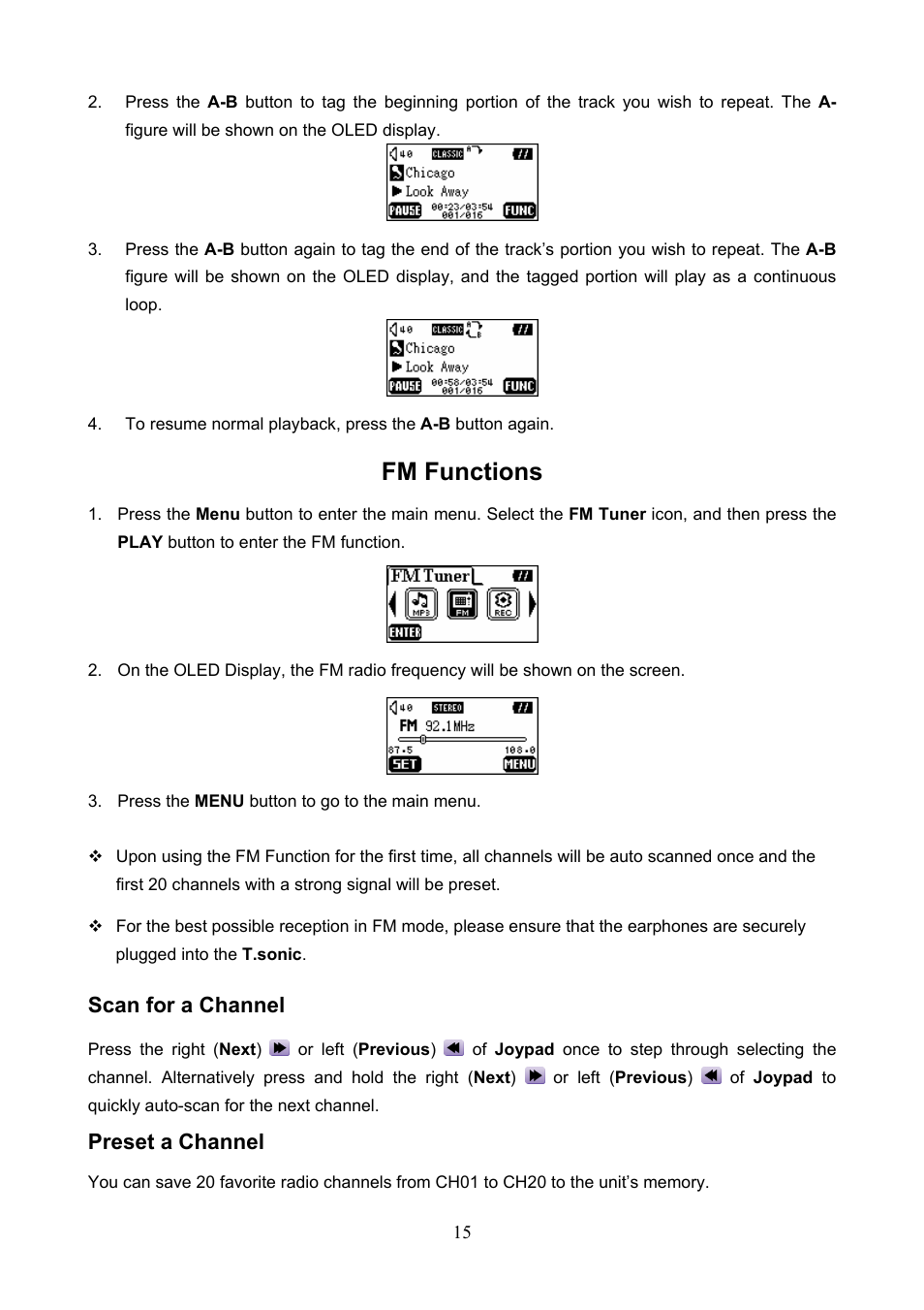 Fm functions, Scan for a channel, Preset a channel | Transcend Information 610 User Manual | Page 18 / 40