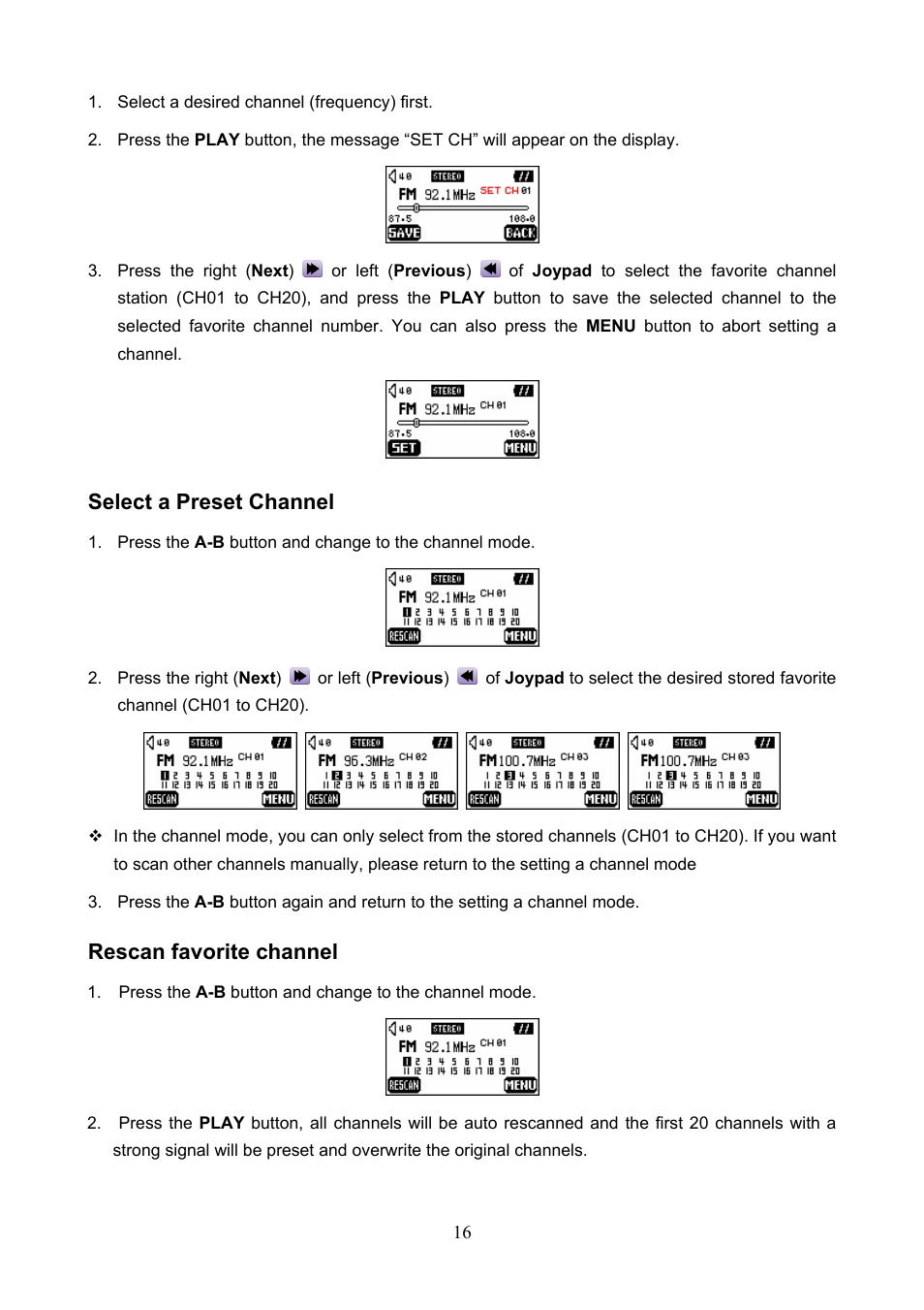 Select a preset channel, Rescan favorite channel | Transcend Information 610 User Manual | Page 19 / 40