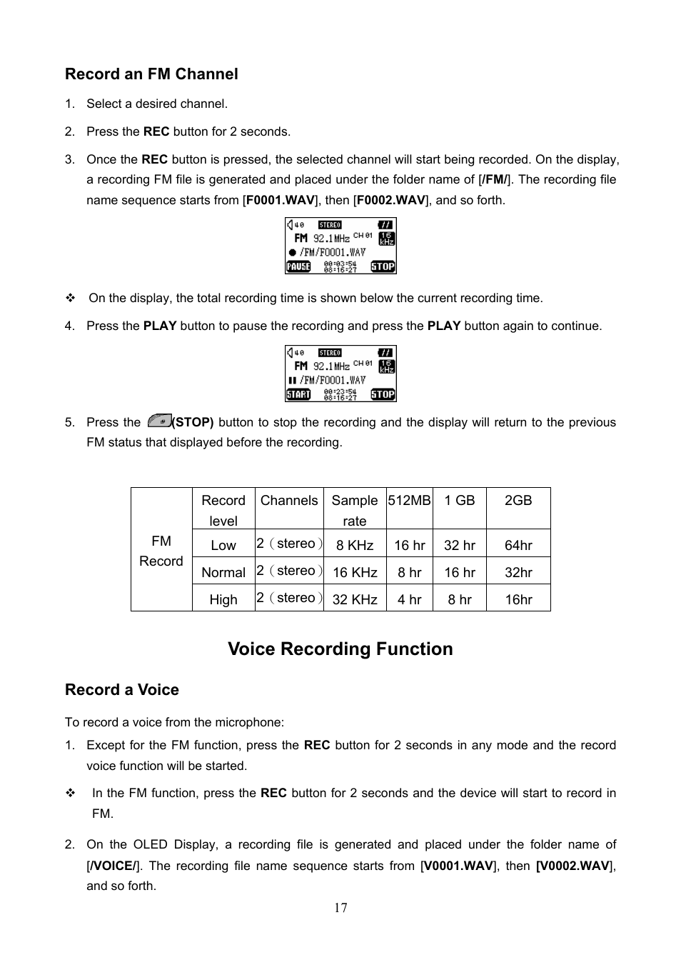 Voice recording function, Record an fm channel, Record a voice | Transcend Information 610 User Manual | Page 20 / 40