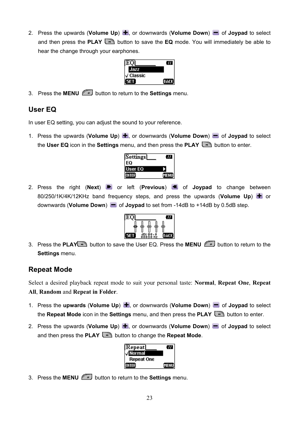 User eq, Repeat mode | Transcend Information 610 User Manual | Page 26 / 40