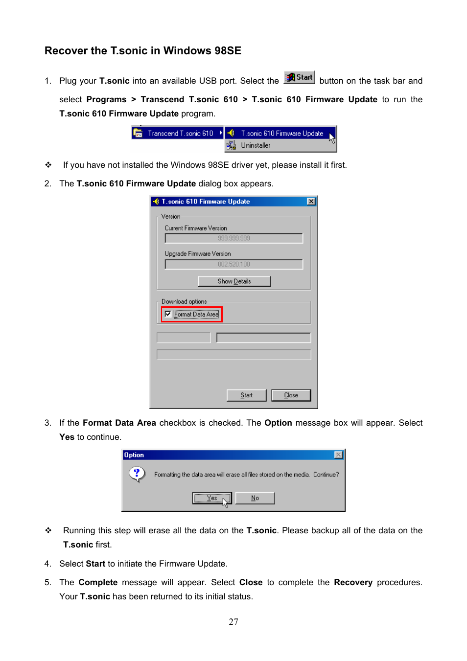 Recover the t.sonic in windows 98se | Transcend Information 610 User Manual | Page 30 / 40