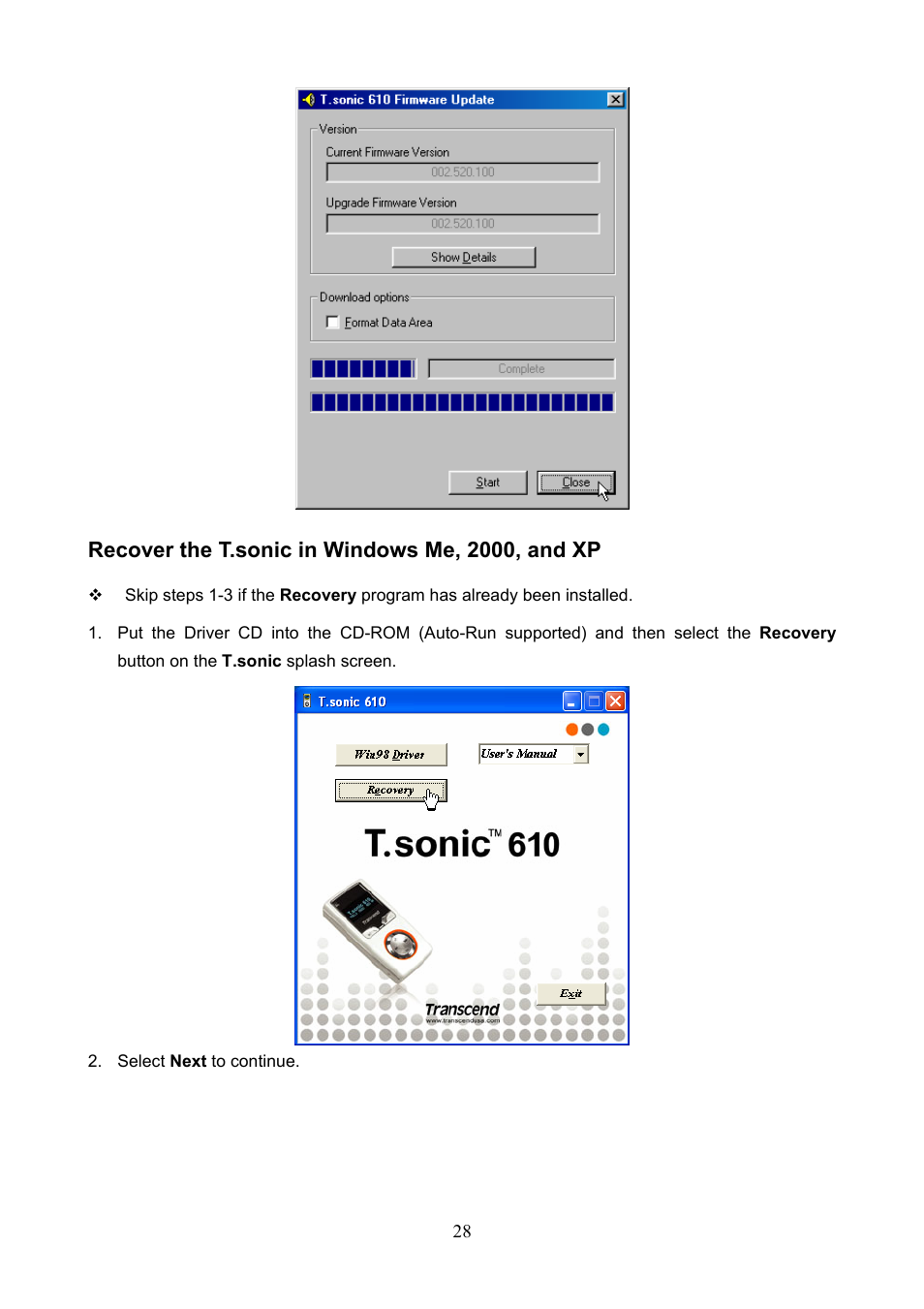 Recover the t.sonic in windows me, 2000, and xp | Transcend Information 610 User Manual | Page 31 / 40