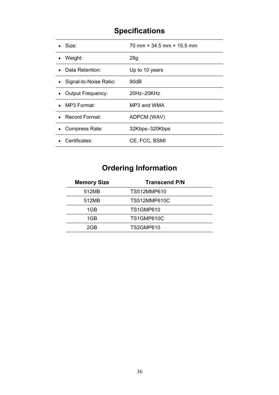 Specifications, Ordering information | Transcend Information 610 User Manual | Page 39 / 40