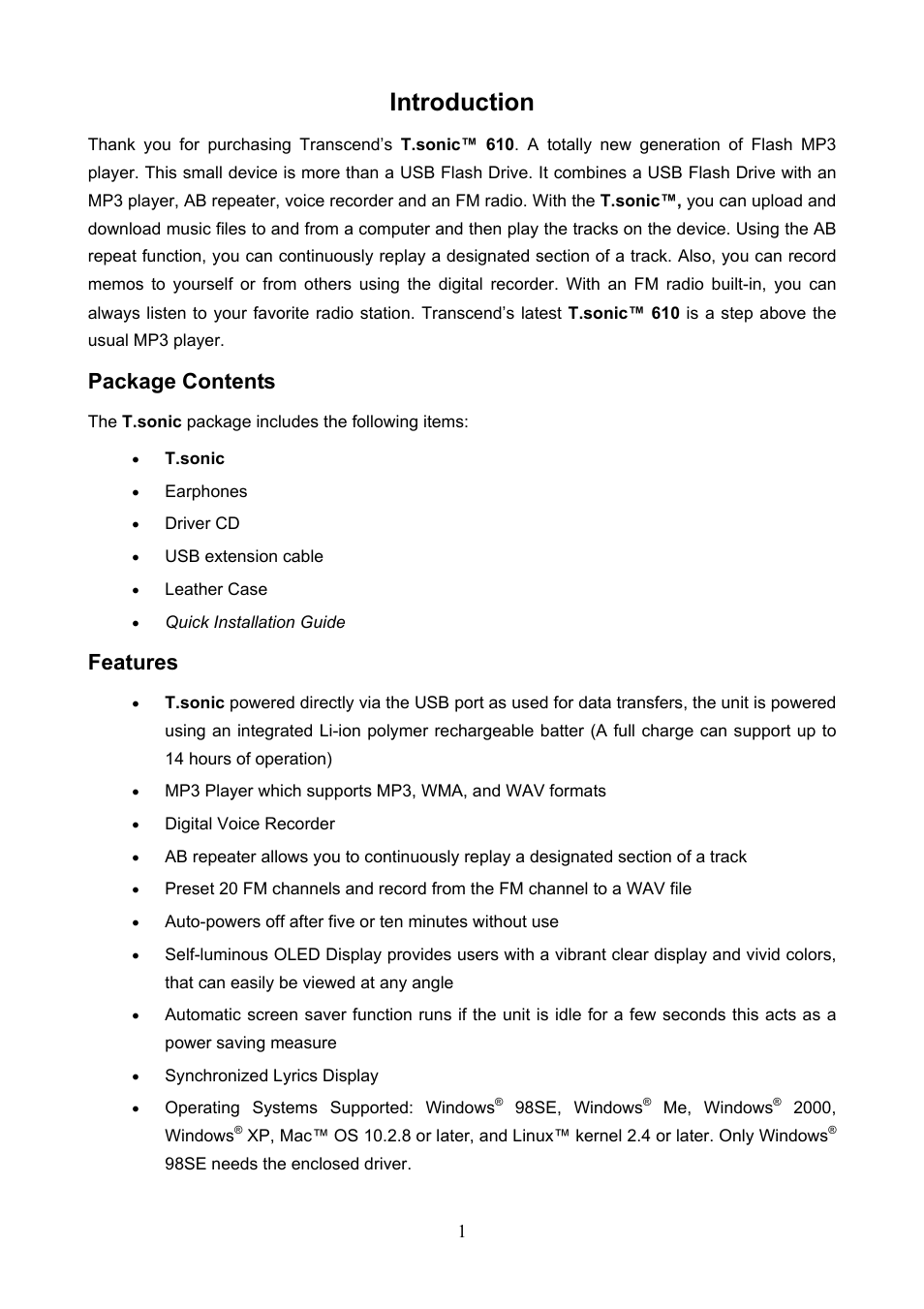 Introduction, Package contents, Features | Transcend Information 610 User Manual | Page 4 / 40