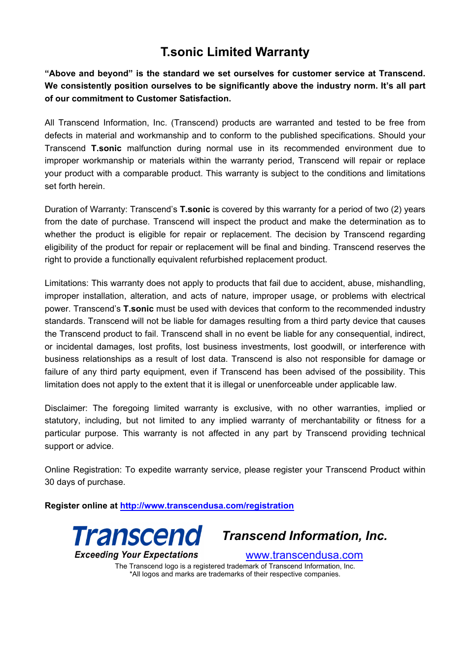 T.sonic limited warranty, Transcend information, inc | Transcend Information 610 User Manual | Page 40 / 40