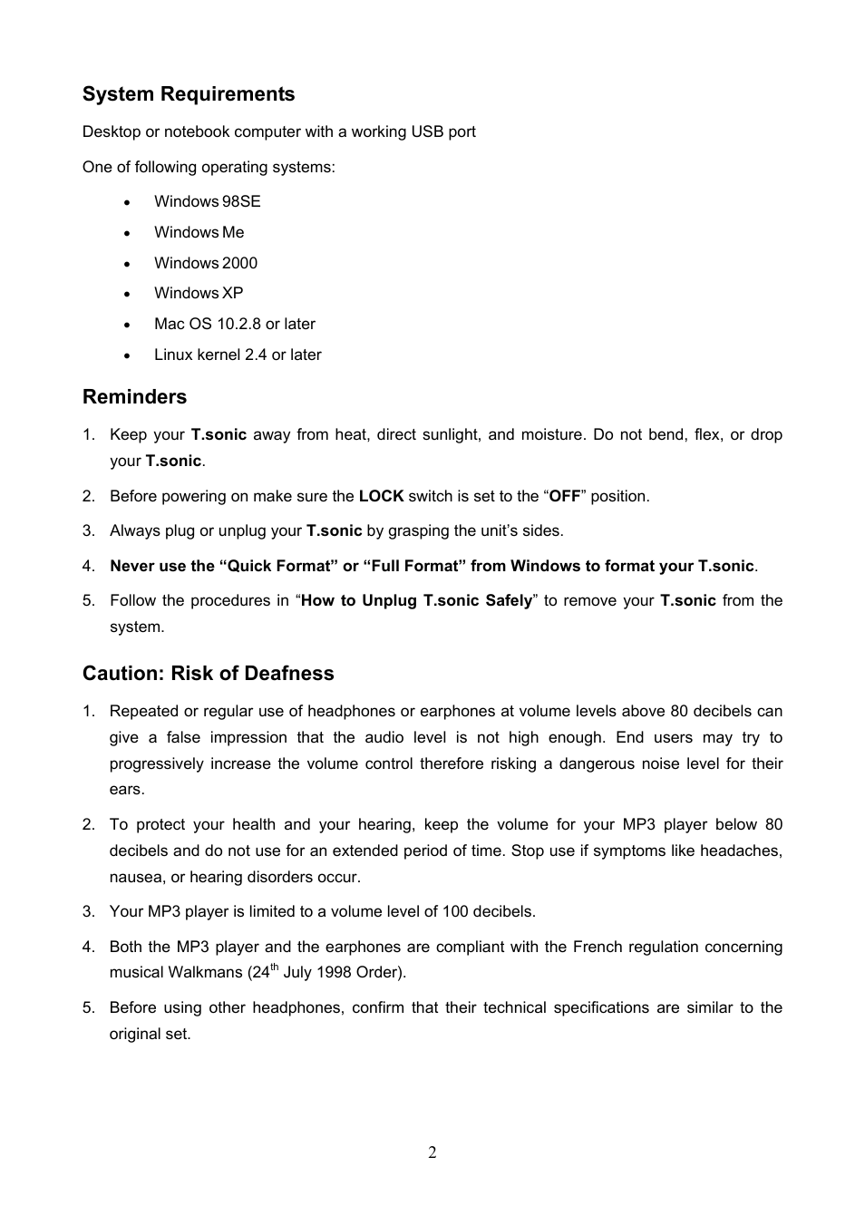 System requirements, Reminders, Caution: risk of deafness | Transcend Information 610 User Manual | Page 5 / 40