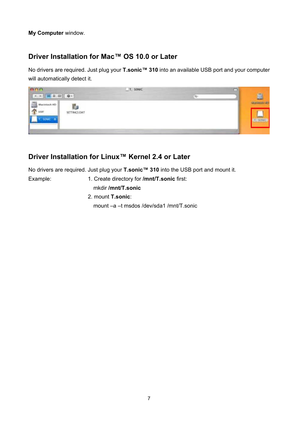 Driver installation for mac™ os 10.0 or later, Driver installation for linux™ kernel 2.4 or later | Transcend Information T sonic 310 User Manual | Page 10 / 21