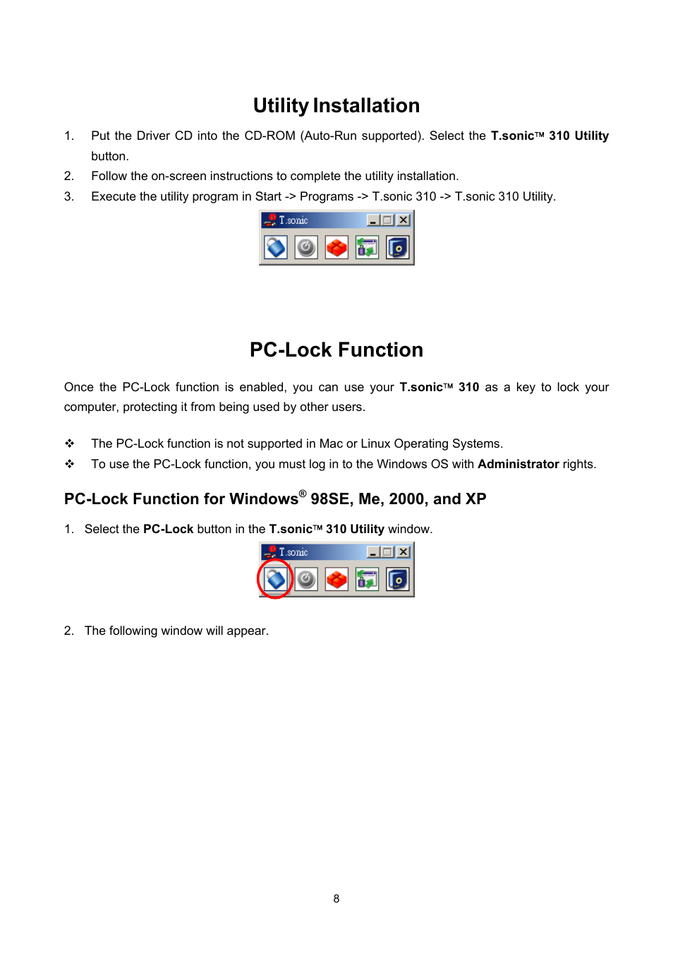 Utility, Installation, Pc-lock function | Pc-lock function for windows | Transcend Information T sonic 310 User Manual | Page 11 / 21