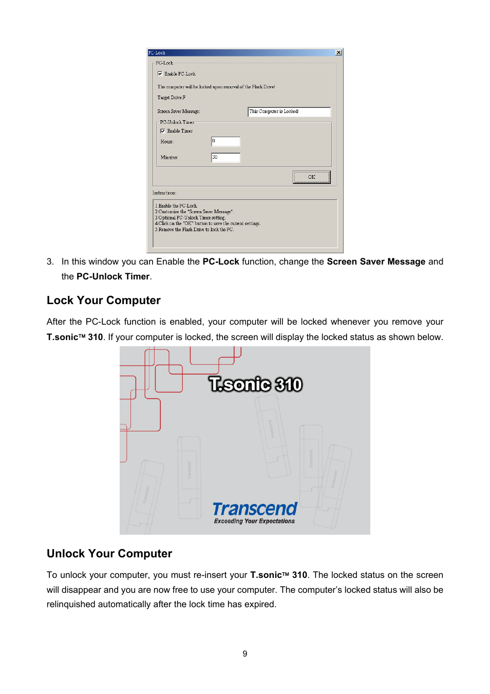 Lock your computer, Unlock your computer | Transcend Information T sonic 310 User Manual | Page 12 / 21