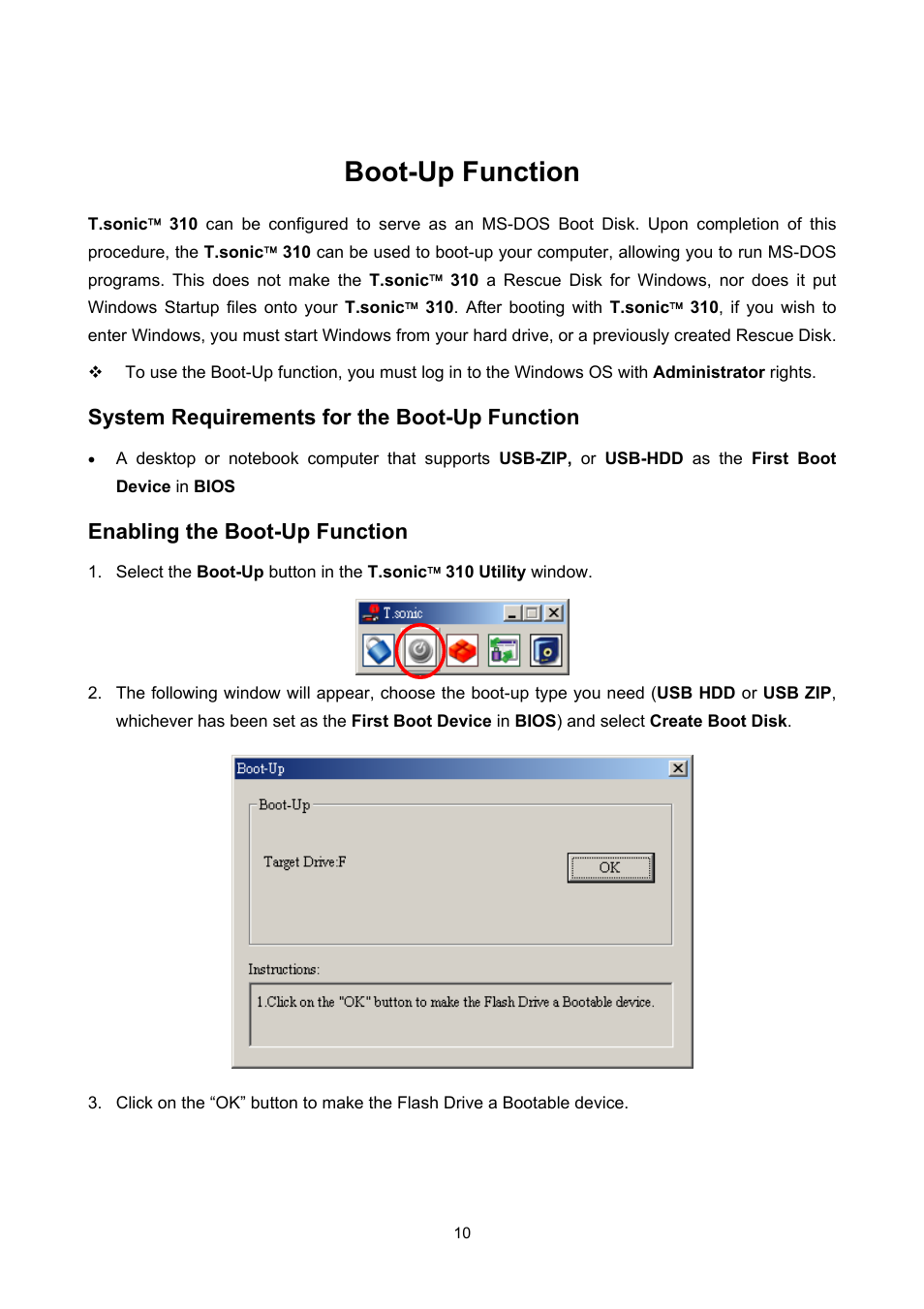 Boot-up function, System requirements for the boot-up function, Enabling the boot-up function | Transcend Information T sonic 310 User Manual | Page 13 / 21