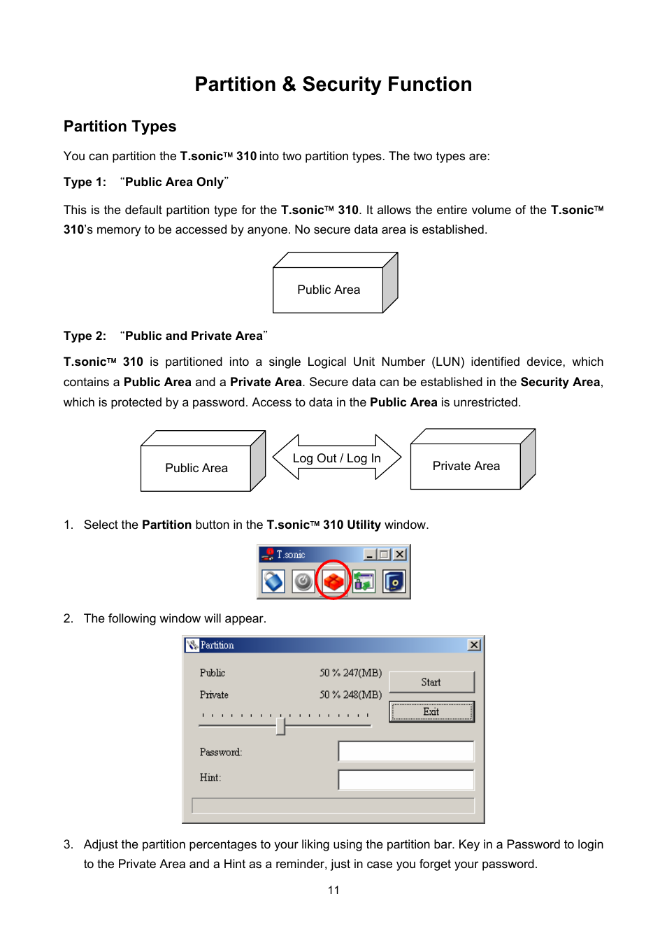 Partition & security function, Partition types | Transcend Information T sonic 310 User Manual | Page 14 / 21