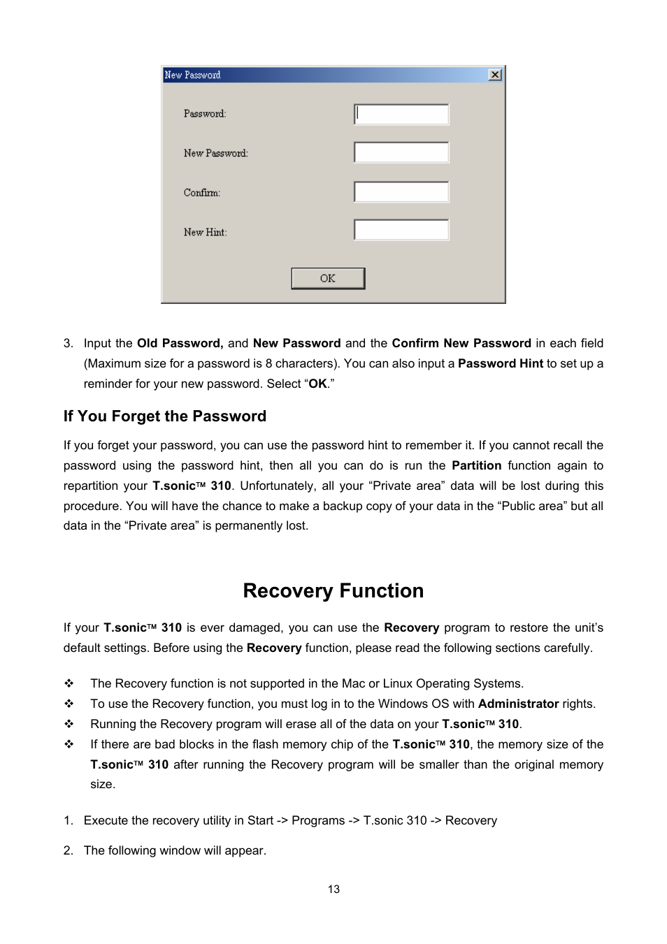 Recovery function, If you forget the password | Transcend Information T sonic 310 User Manual | Page 16 / 21
