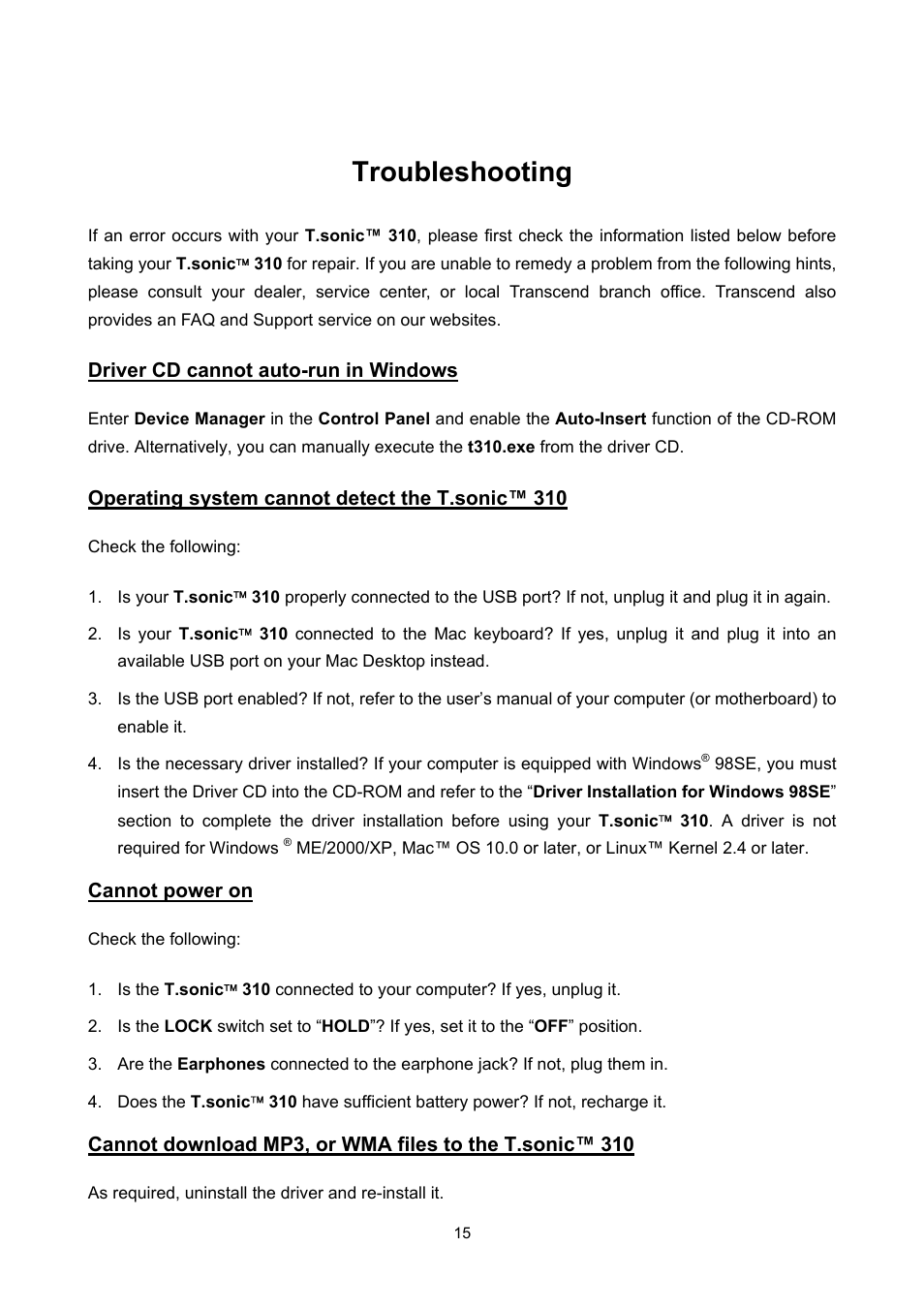 Troubleshooting | Transcend Information T sonic 310 User Manual | Page 18 / 21