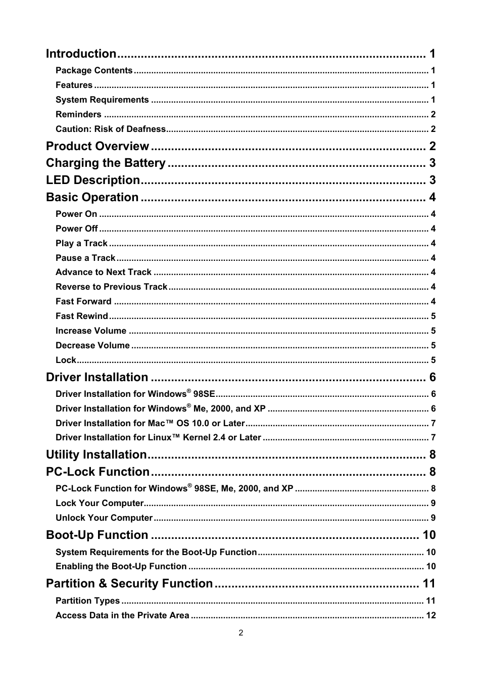 Introduction, Product overview, Charging the battery | Led description, Basic operation, Driver installation, Utility installation, Pc-lock function, Boot-up function, Partition & security function | Transcend Information T sonic 310 User Manual | Page 2 / 21