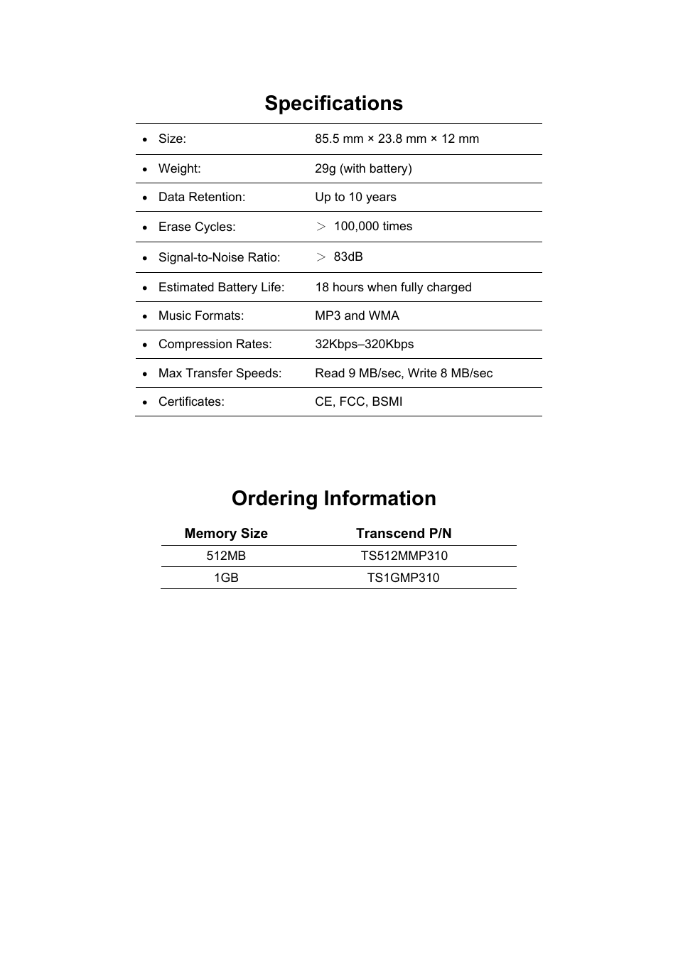 Specifications, Ordering information | Transcend Information T sonic 310 User Manual | Page 20 / 21