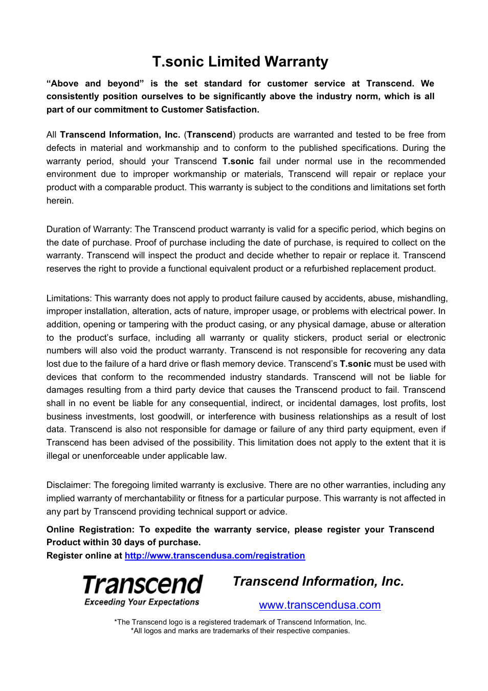 T.sonic limited warranty, Transcend information, inc | Transcend Information T sonic 310 User Manual | Page 21 / 21