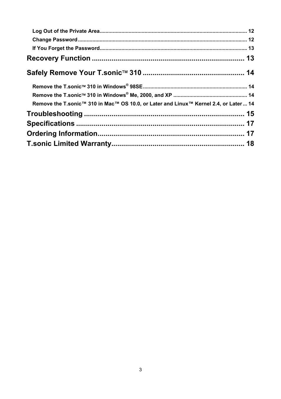 Recovery function, Safely remove your t.sonic  310, Troubleshooting | Specifications, Ordering information, T.sonic limited warranty | Transcend Information T sonic 310 User Manual | Page 3 / 21