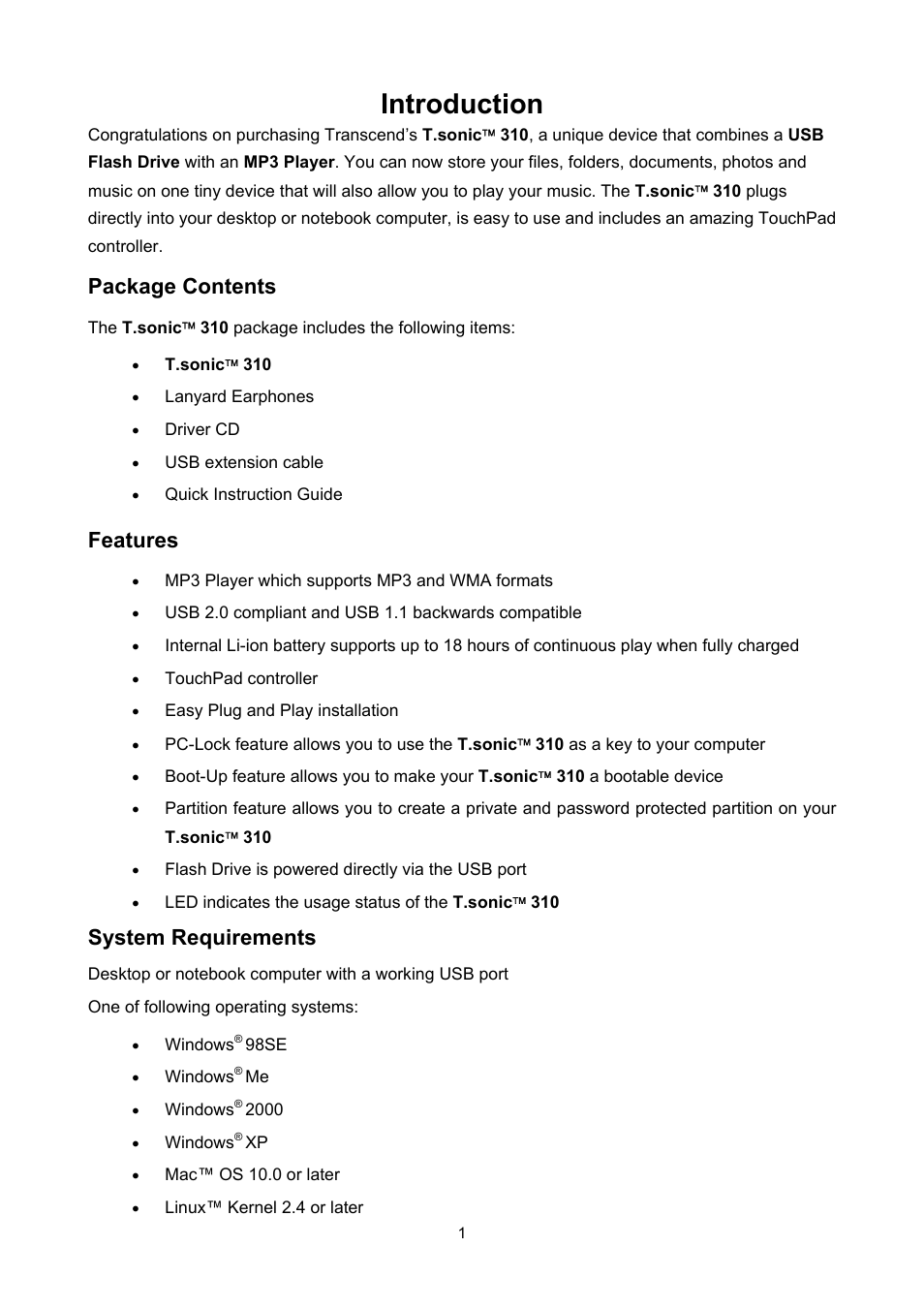 Introduction, Package contents, Features | System requirements | Transcend Information T sonic 310 User Manual | Page 4 / 21