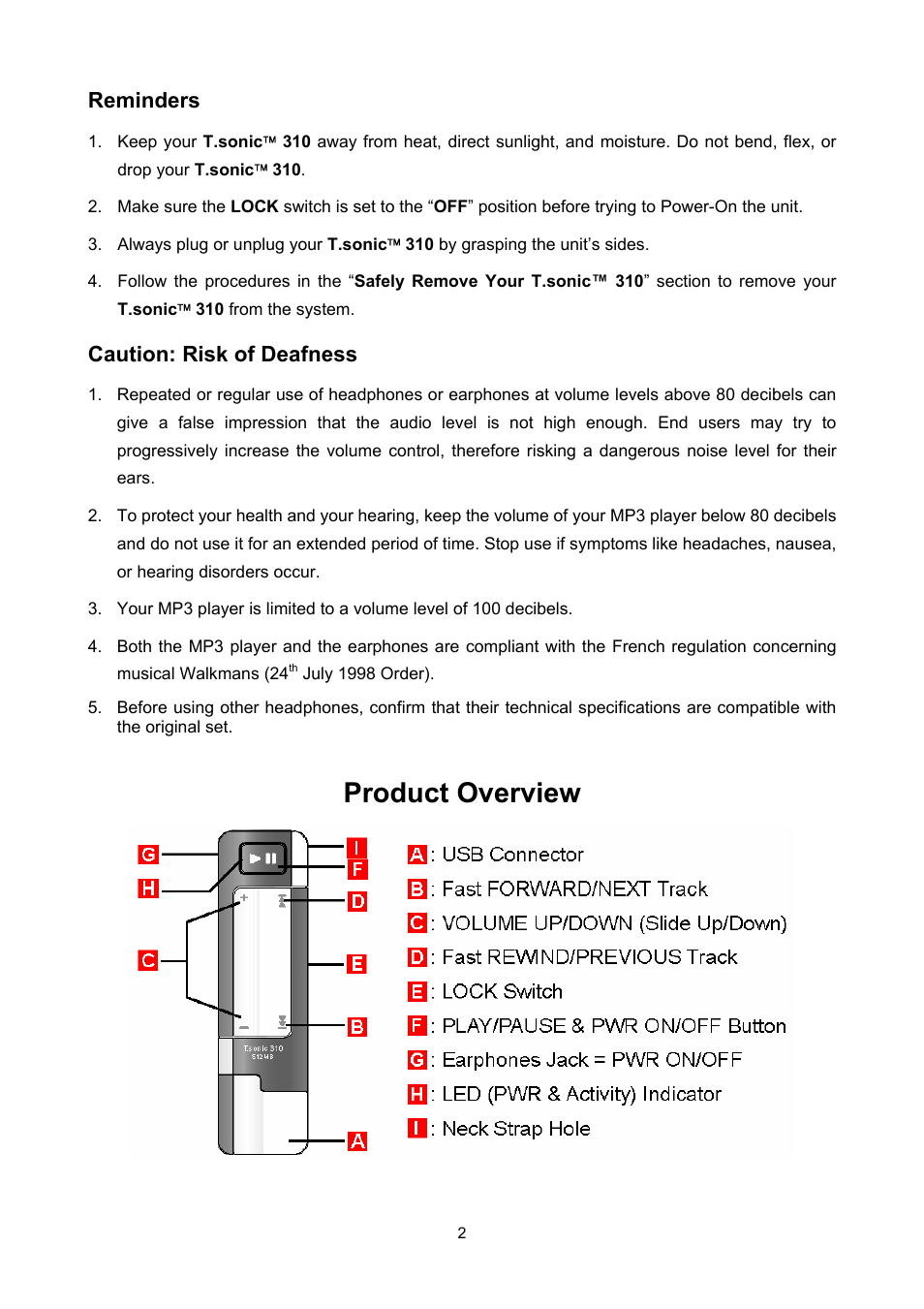 Product overview, Reminders, Caution: risk of deafness | Transcend Information T sonic 310 User Manual | Page 5 / 21