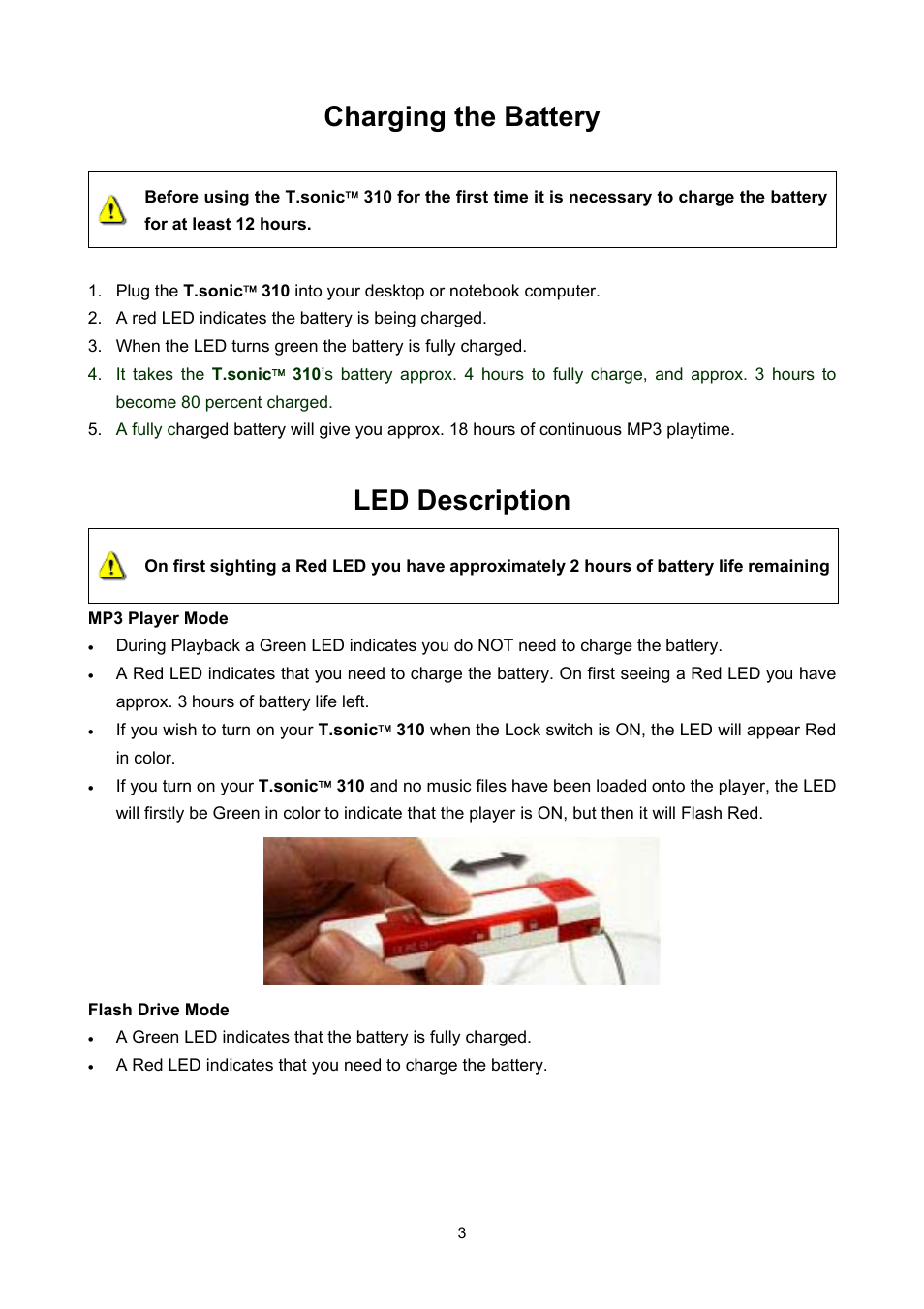 Charging the battery, Led description | Transcend Information T sonic 310 User Manual | Page 6 / 21