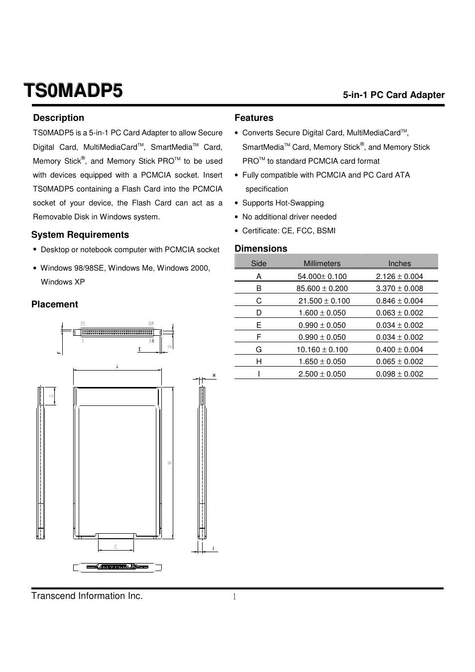 Transcend Information 5-in-1 PC Card Adapter TS0MADP5 User Manual | 2 pages