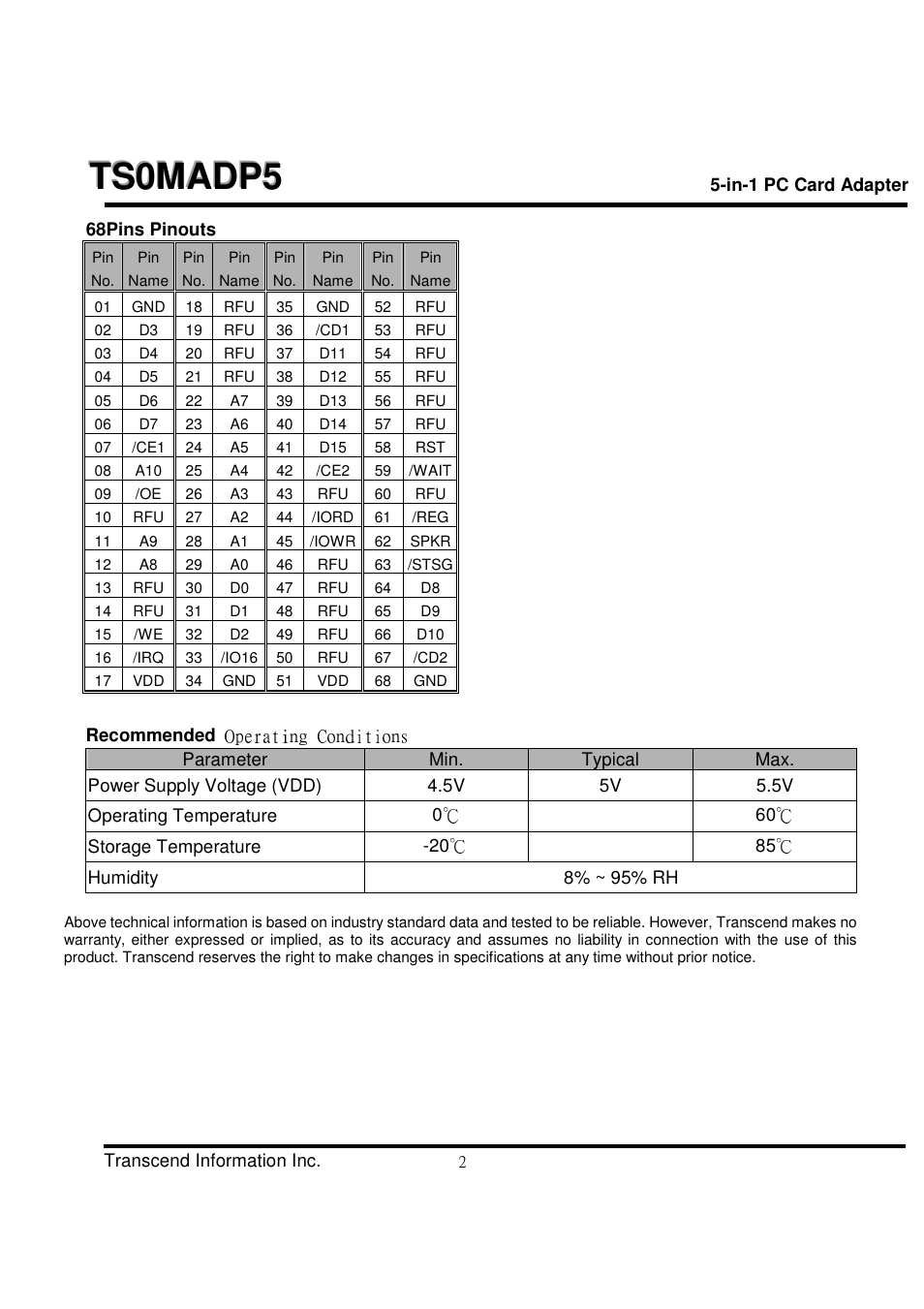 Transcend Information 5-in-1 PC Card Adapter TS0MADP5 User Manual | Page 2 / 2