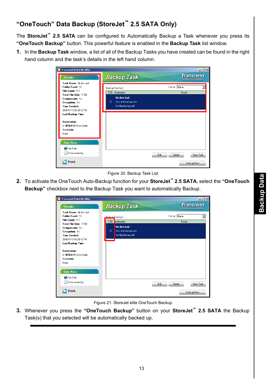 Onetouch” data backup (storejet, 5 sata only), Backup data | Transcend Information Computer Drive User Manual | Page 15 / 25