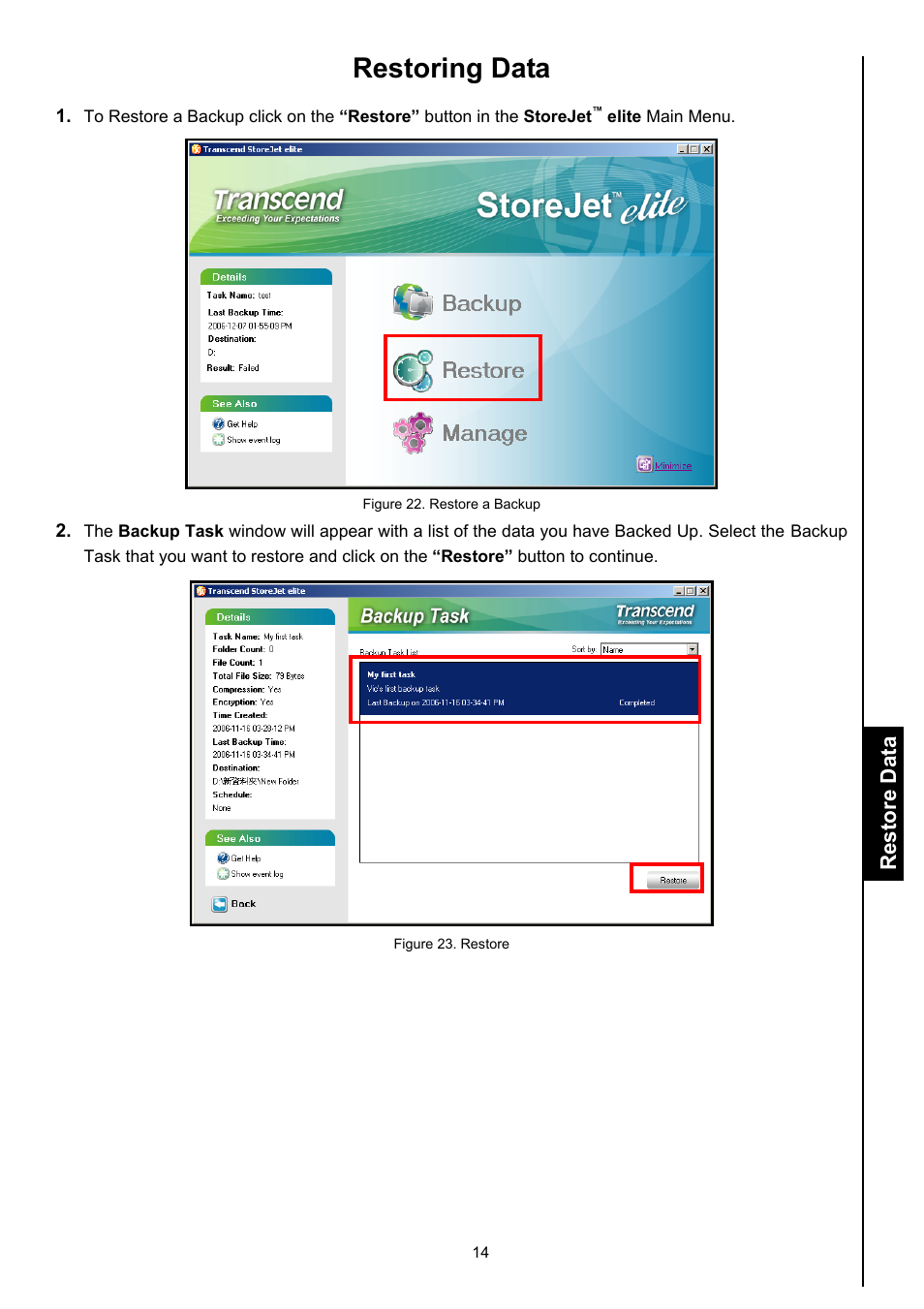 Restoring data, Restore data | Transcend Information Computer Drive User Manual | Page 16 / 25