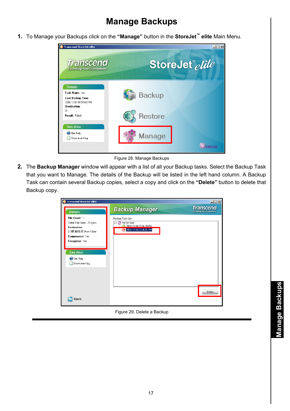 Manage backups | Transcend Information Computer Drive User Manual | Page 19 / 25