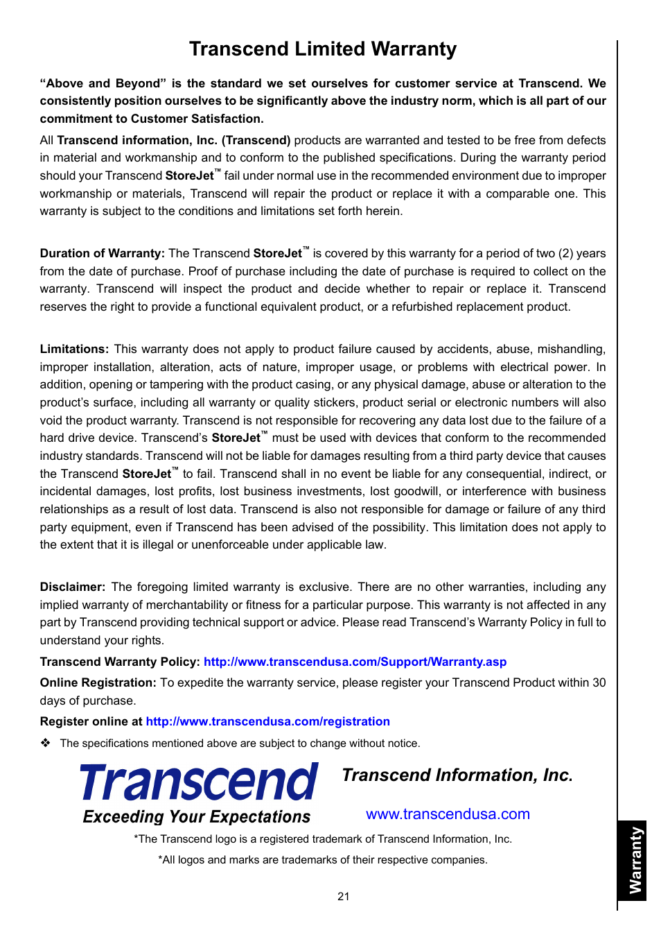 Transcend limited warranty, Transcend information, inc, Warranty | Transcend Information Computer Drive User Manual | Page 23 / 25