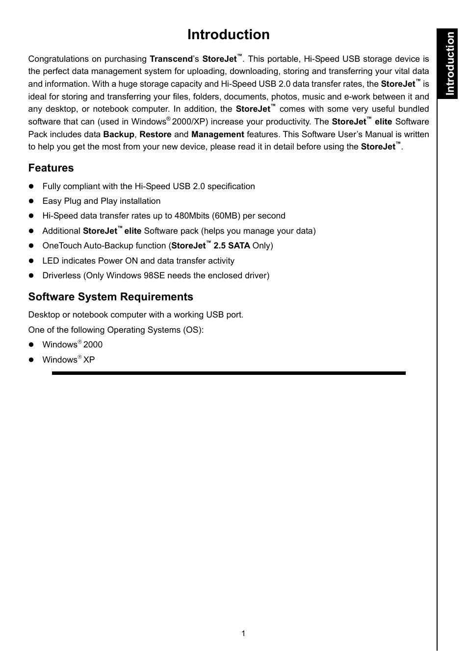 Introduction, Features, Software system requirements | Introduct ion | Transcend Information Computer Drive User Manual | Page 3 / 25