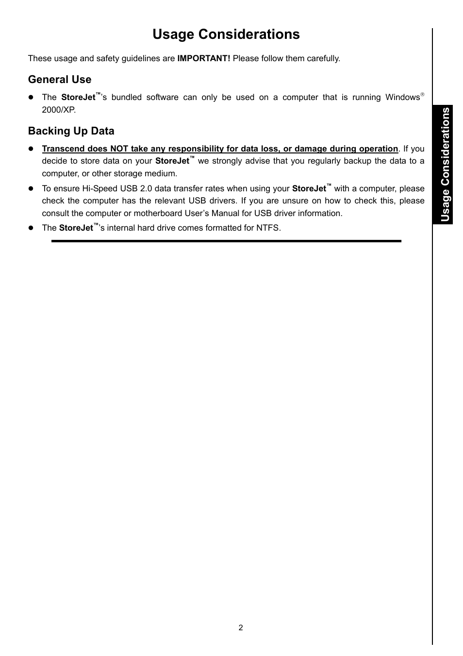 Usage considerations, General use, Backing up data | Transcend Information Computer Drive User Manual | Page 4 / 25