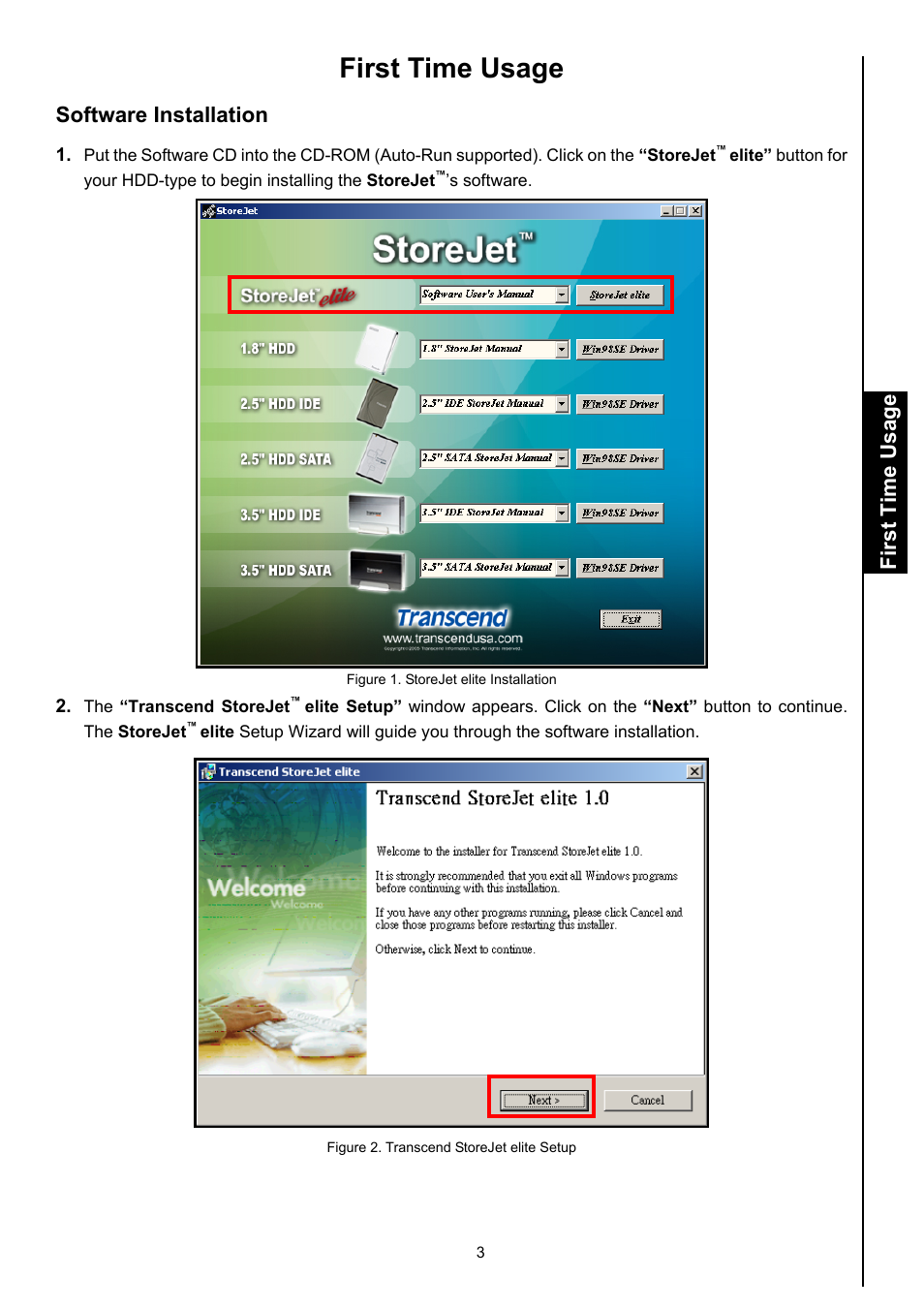 First time usage, Software installation | Transcend Information Computer Drive User Manual | Page 5 / 25