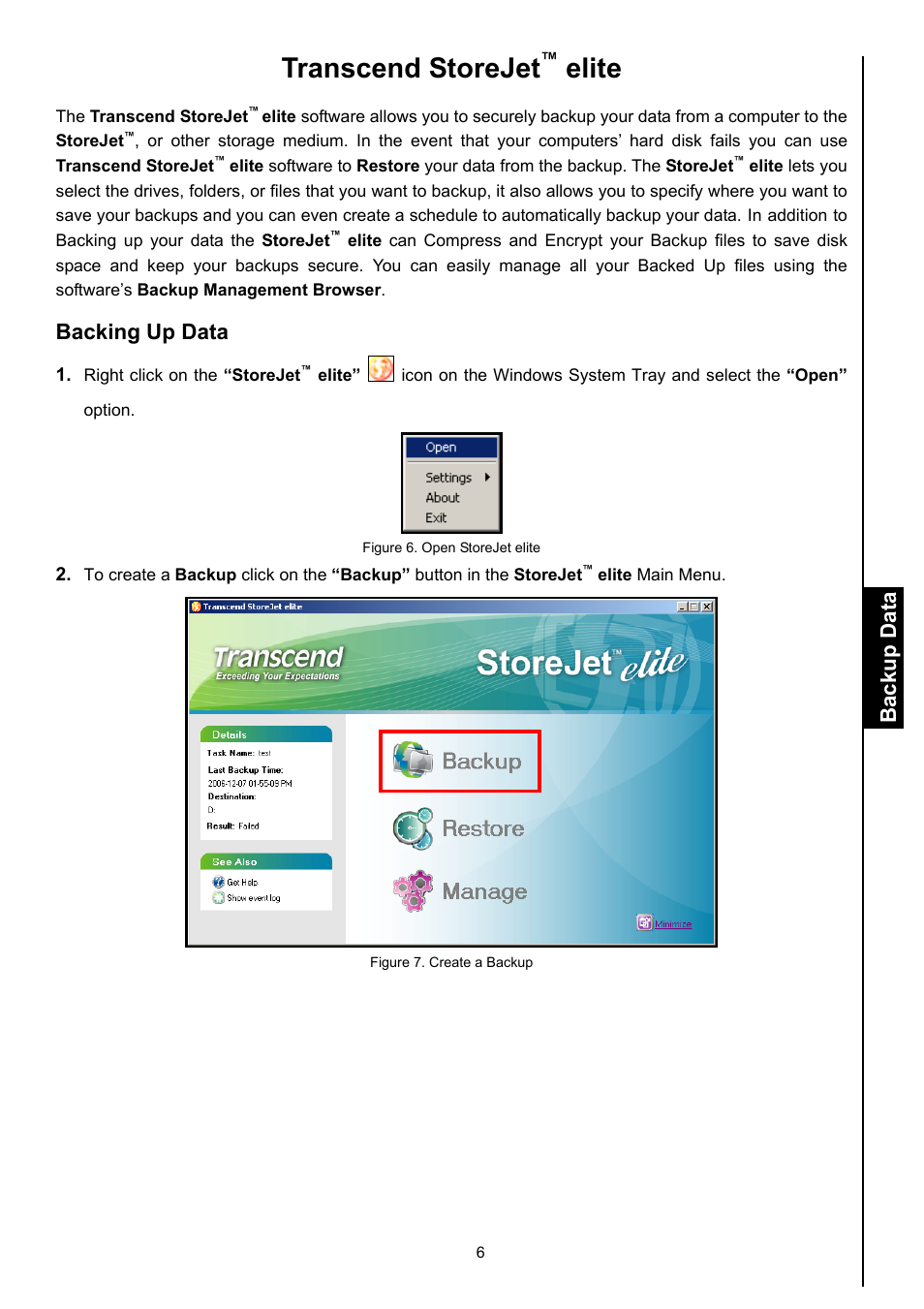 Transcend storejet, Elite, Backing up data | Backup data | Transcend Information Computer Drive User Manual | Page 8 / 25