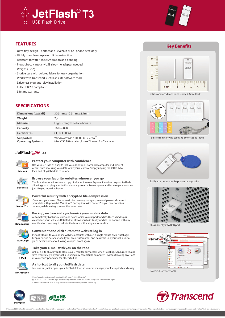 Features, Specifications, Key benefits | Usb flash drive | Transcend Information JetFlash T3 User Manual | Page 2 / 2